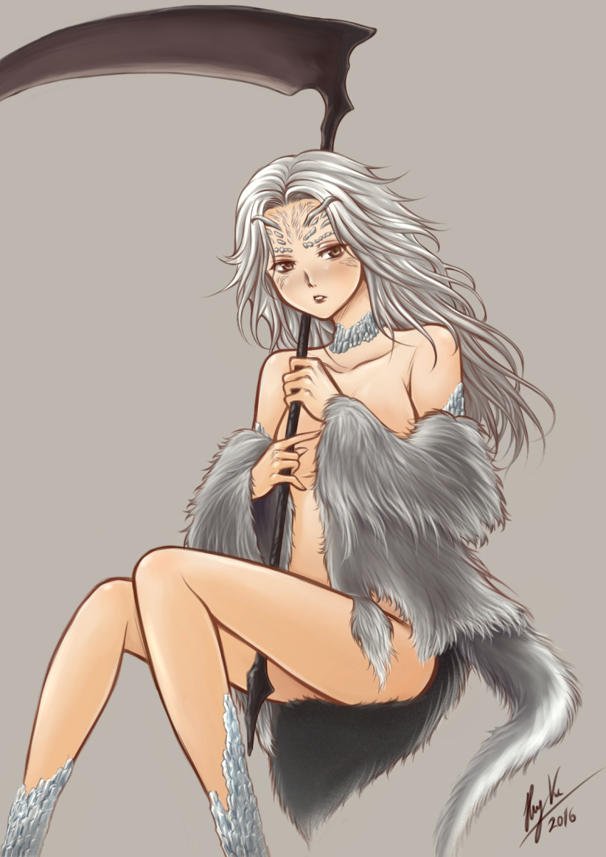 1girl 2016 \m/ alternate_eye_color between_legs blush breasts brown_eyes collarbone dark_souls dragon_girl dragon_horns dragon_tail fur grey_background highres holding holding_weapon horns lips long_hair looking_away looking_to_the_side medium_breasts parted_lips partially_undressed priscilla_the_crossbreed scales scythe signature simple_background sitting solo souls_(from_software) tacoyaki tail torn_clothes weapon white_hair