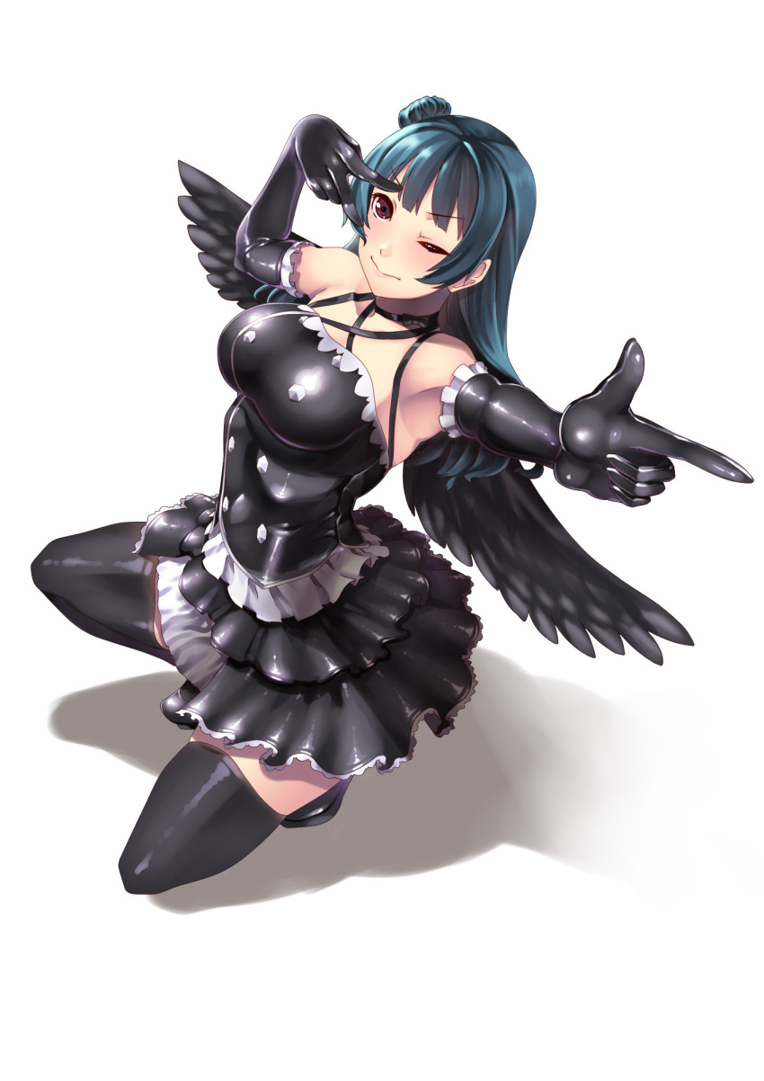 1girl black_dress black_legwear blue_hair breasts dress elbow_gloves gloves hair_bun hiememiko highres long_hair love_live! love_live!_school_idol_project love_live!_sunshine!! one_eye_closed pointing solo thigh-highs tsushima_yoshiko violet_eyes wings