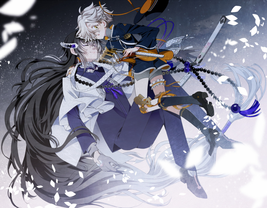 2boys absurdly_long_hair beads black_hair blue_legwear closed_eyes crossed_legs gloves gokotai gradient_hair hair_over_one_eye hat hat_removed headwear_removed janirotluvx juzumaru_tsunetsugu katana kiwame_(touken_ranbu) kneehighs leg_garter long_hair looking_back low-tied_long_hair male_focus multicolored_hair multiple_boys petals shorts smile sword tantou touken_ranbu very_long_hair weapon white_gloves white_hair yellow_eyes