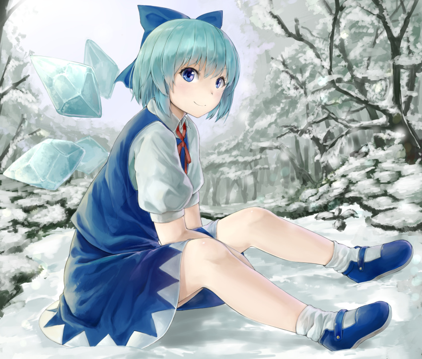 1girl bare_tree between_legs blue_dress blue_eyes blue_hair blue_shoes bow cirno day dress forest hair_bow hand_between_legs highres looking_at_viewer mary_janes nature netamaru outdoors puffy_short_sleeves puffy_sleeves shoes short_hair short_sleeves sitting smile snow socks solo touhou tree white_legwear wings winter