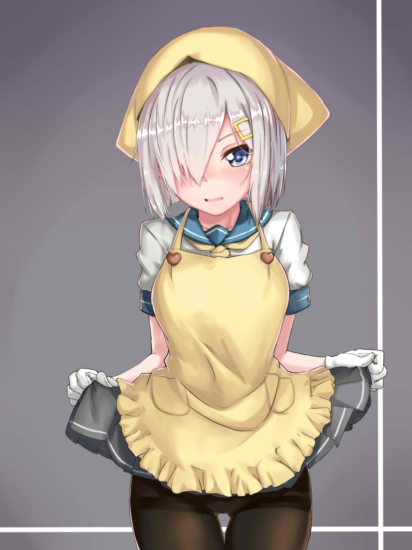 1girl absurdres apron blue_eyes blush breasts gloves hair_ornament hair_over_one_eye hairclip hamakaze_(kantai_collection) head_scarf highres ivan_wang kantai_collection large_breasts looking_at_viewer pantyhose pleated_skirt school_uniform serafuku short_hair silver_hair skirt skirt_lift smile solo white_gloves