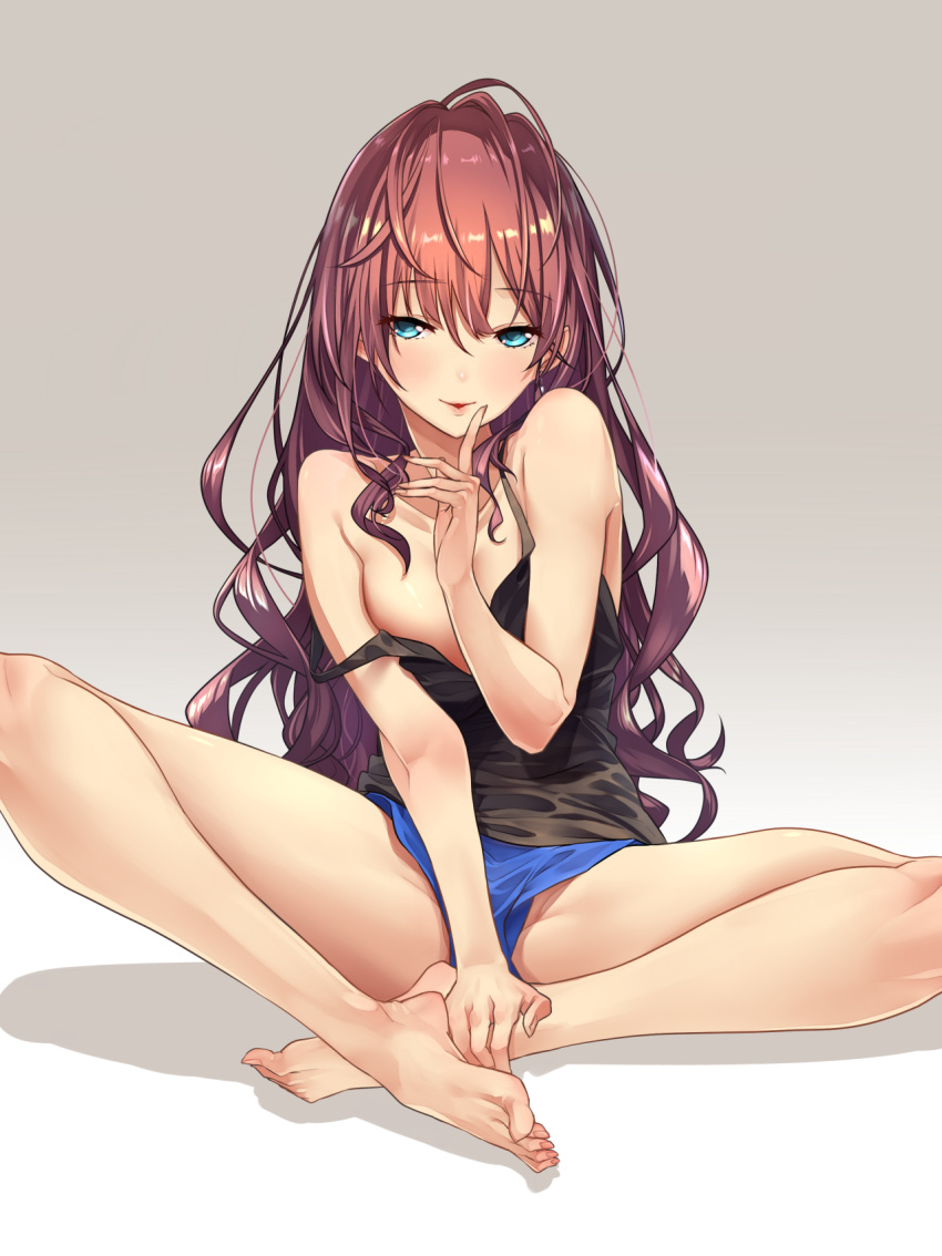 1girl aqua_eyes baffu barefoot breasts brown_hair eyebrows eyebrows_visible_through_hair feet finger_to_mouth gradient gradient_background hands hands_on_feet highres ichinose_shiki idolmaster idolmaster_cinderella_girls index_finger_raised indian_style lips long_hair looking_at_viewer naughty_face short_shorts shorts sitting smile solo strap_slip tank_top toes wavy_hair