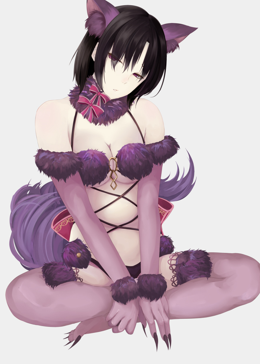 1girl animal_ears bare_shoulders black_hair bob_cut bow breasts cleavage commentary elbow_gloves expressionless fate/grand_order fate_(series) fur-trimmed_gloves fur_trim gloves hair_over_one_eye halloween halloween_costume highres indian_style kara_no_kyoukai looking_at_viewer mirufi-yu parted_lips pink_bow purple_gloves purple_legwear ryougi_shiki shielder_(fate/grand_order)_(cosplay) short_hair simple_background sitting solo tail thigh-highs type-moon violet_eyes wolf_ears wolf_tail
