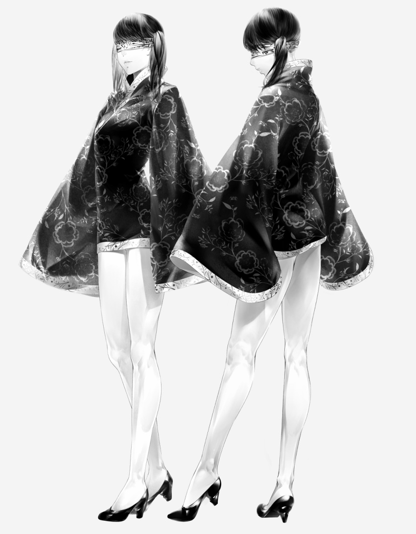 2girls bangs bare_legs black black_hair black_shoes blindfold breasts clothes_writing dress floral_print full_body greyscale hair_over_shoulder hands_in_sleeves high_collar high_heels highres legs_apart long_sleeves medium_breasts microdress monochrome multiple_girls original parted_lips print_dress sawasawa shoes simple_background sleeves_past_wrists standing tiptoes twintails white_background wide_sleeves