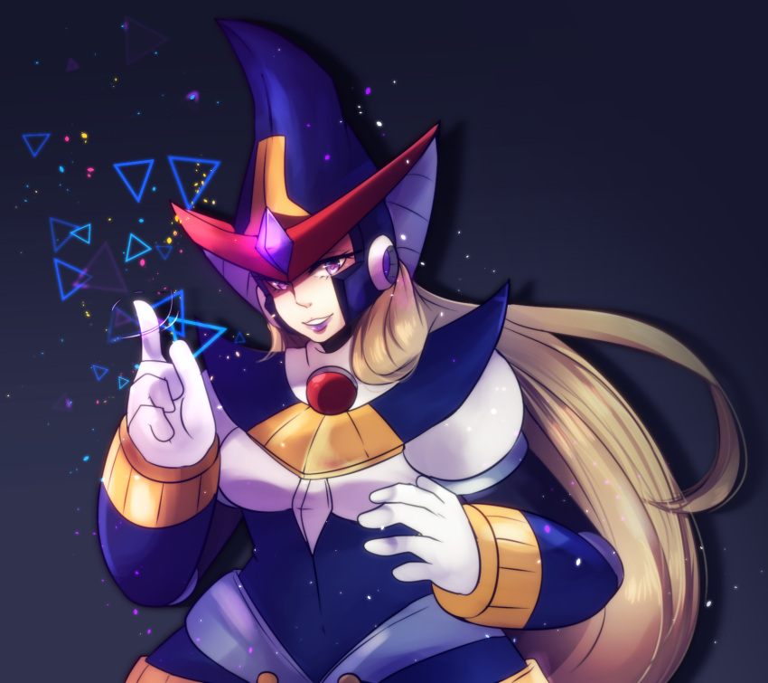 1girl android berkana black_background blonde_hair breasts chubby dress gloves hat hydrangea_(artist) lips lipstick long_hair robot rockman rockman_x smile solo triangle violet_eyes white_gloves witch witch_hat