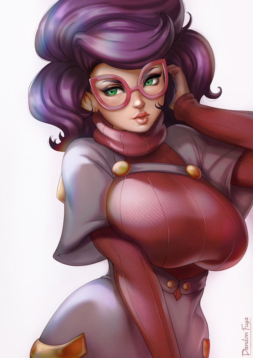 1girl absurdres artist_name big_hair breasts dandon_fuga glasses green_eyes highres huge_breasts large_breasts lips looking_at_viewer pink-framed_eyewear pokemon pokemon_(game) pokemon_sm purple_hair ribbed_sweater solo sweater turtleneck turtleneck_sweater upper_body white_background wicke_(pokemon)
