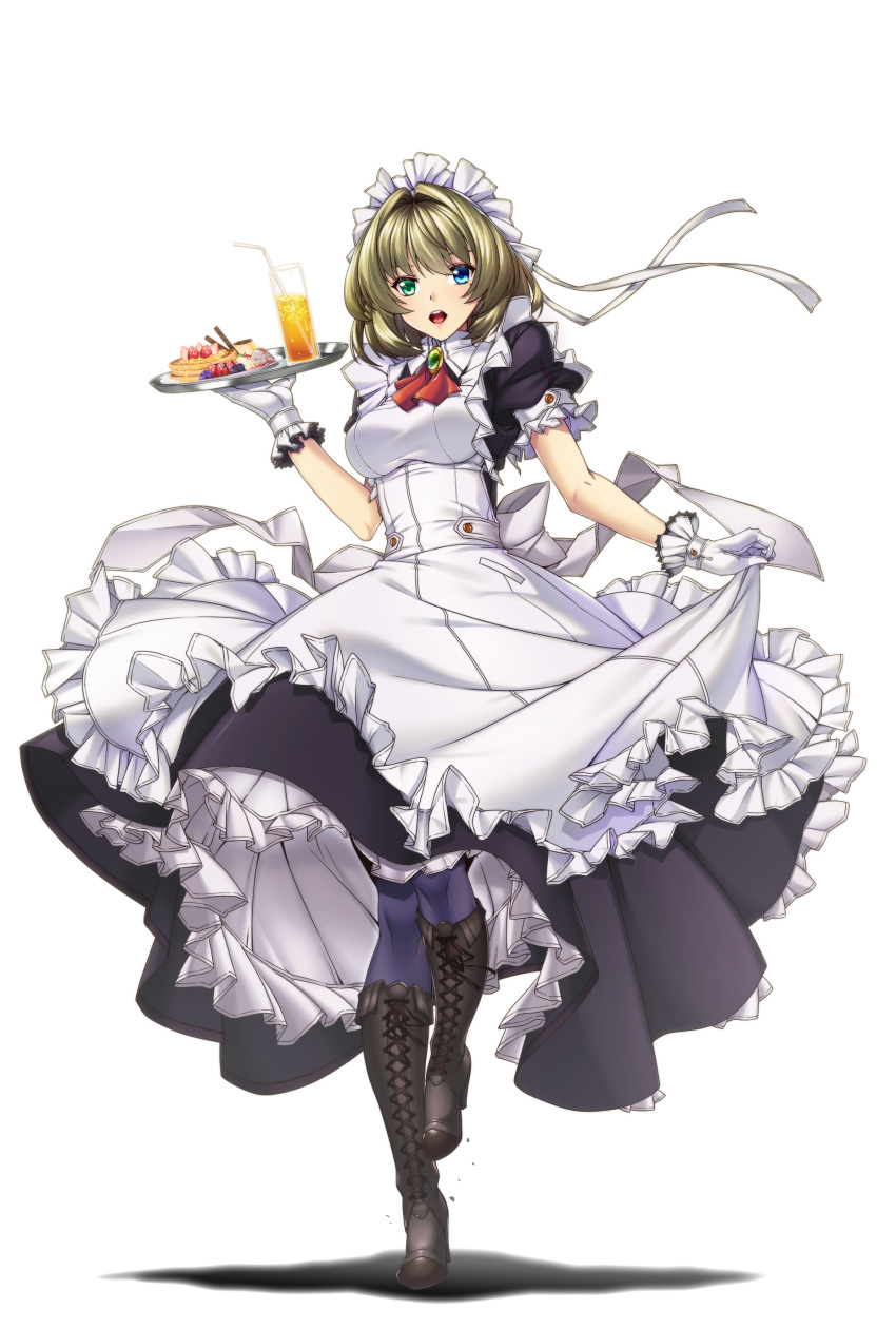 1girl :o absurdres alternate_costume apron bangs black_boots blue_eyes blue_legwear blueberry boots breasts brooch brown_hair cravat cross-laced_footwear cup dress drink drinking_glass drinking_straw enmaided food frilled_apron frilled_dress frilled_sleeves frills fruit full_body glass gloves green_eyes heterochromia high_heel_boots high_heels highres honey ice ice_cube idolmaster idolmaster_cinderella_girls jewelry lace-up_boots long_dress looking_at_viewer maid maid_apron maid_headdress medium_breasts merufena mole mole_under_eye pancake pantyhose plate pudding puffy_short_sleeves puffy_sleeves shadow short_hair short_sleeves skirt_hold solo standing standing_on_one_leg strawberry takagaki_kaede tray white_apron white_background white_gloves