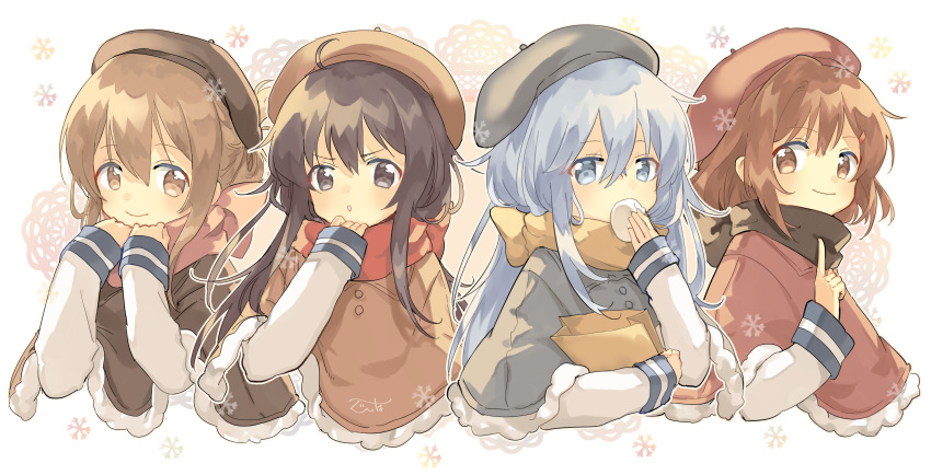 4girls :o absurdres adapted_costume akatsuki_(kantai_collection) bag brown_eyes brown_hair capelet eating flat_cap food fur_trim grey_eyes hat hibiki_(kantai_collection) highres ikazuchi_(kantai_collection) inazuma_(kantai_collection) kantai_collection long_sleeves looking_at_another looking_at_viewer multiple_girls open_mouth paper_bag pointing pointing_up purple_hair scarf school_uniform serafuku short_hair silver_hair smile snowflake_print violet_eyes zuho_(vega)