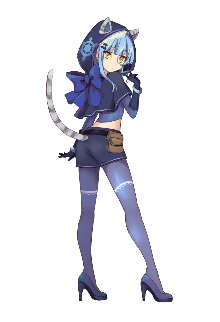 1girl animal_ears blue blue_hair blue_legwear cat_ears cat_tail fake_animal_ears fake_tail fujisaki_(graphic_loops) full_body gloves hair_ornament hairclip high_heels highres hood kaitou_beauty_cat long_hair looking_at_viewer official_art pantyhose pumps simple_background skirt snowflake_print solo tail toys_drive white_background yellow_eyes