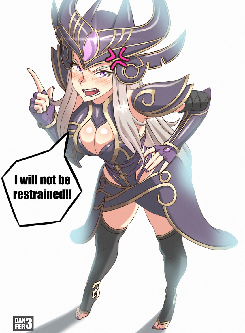 1girl anger_vein armor armored_dress artist_name black_boots boots breasts cleavage danfer3 english fingerless_gloves gloves hand_on_hip helmet highres large_breasts league_of_legends long_hair looking_at_viewer nail_polish open_mouth pauldrons pointing pointing_up purple_nails sidelocks silver_hair solo syndra thigh-highs thigh_boots toeless_boots toenail_polish violet_eyes