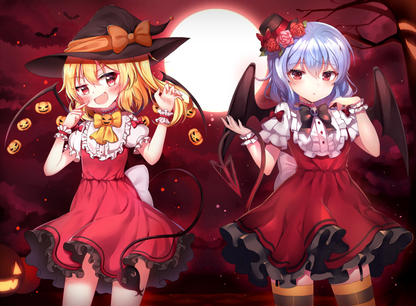 2girls :d absurdres bat bat_wings blonde_hair blue_hair demon_tail dress fang flandre_scarlet frilled_dress frills full_moon halloween hanen_(borry) hat highres mini_hat mini_top_hat moon multiple_girls night open_mouth papo red_eyes remilia_scarlet short_hair smile tail top_hat touhou tree wings witch_hat wrist_cuffs