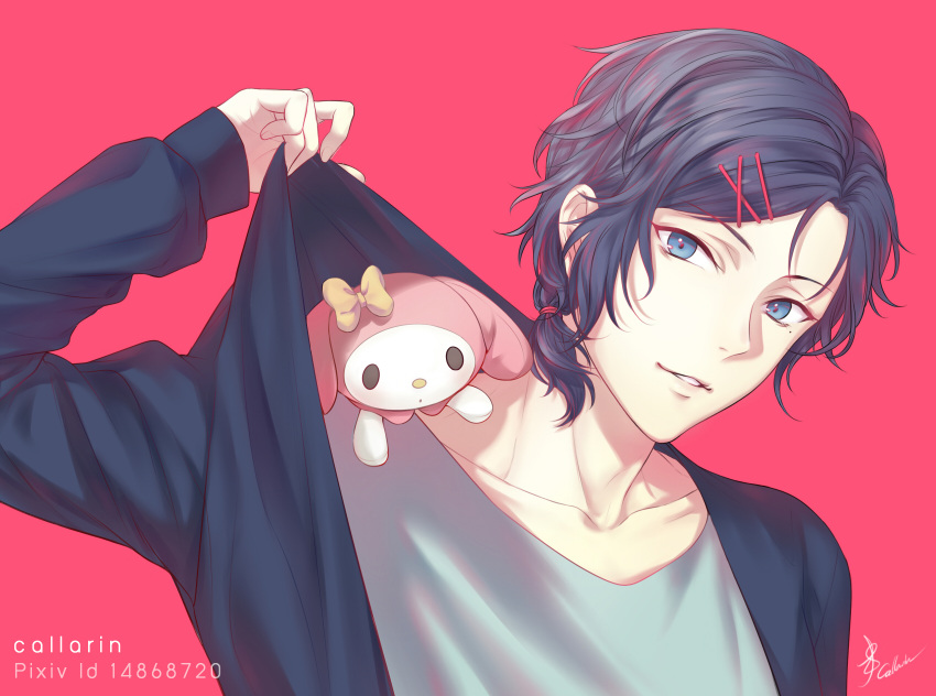1boy artist_name beauty_mark blue_eyes blue_hair callarinc clothes_pull collarbone hairclip looking_at_viewer low_ponytail male_focus mizuno_yuu mole mole_under_eye my_melody parted_lips pink_background ponytail rabbit ribbon sanrio sanrio_danshi simple_background