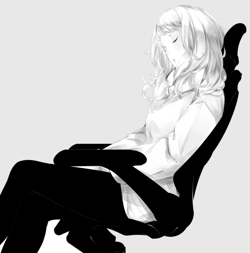 1girl bangs black_pants breasts chair eyelashes from_side grey_background greyscale head_tilt highres leaning_back lips long_hair long_sleeves medium_breasts monochrome original pants parted_lips sawasawa simple_background sitting sleeping solo white_hair
