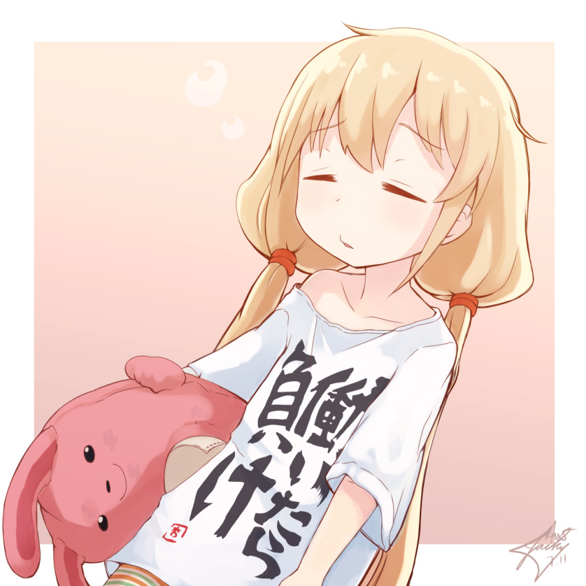 1girl bare_shoulders blonde_hair carrying closed_eyes clothes_writing futaba_anzu idolmaster idolmaster_cinderella_girls j.h_j.h long_hair low_twintails off_shoulder shirt short_sleeves sleepy solo stuffed_animal stuffed_bunny stuffed_toy t-shirt twintails you_work_you_lose