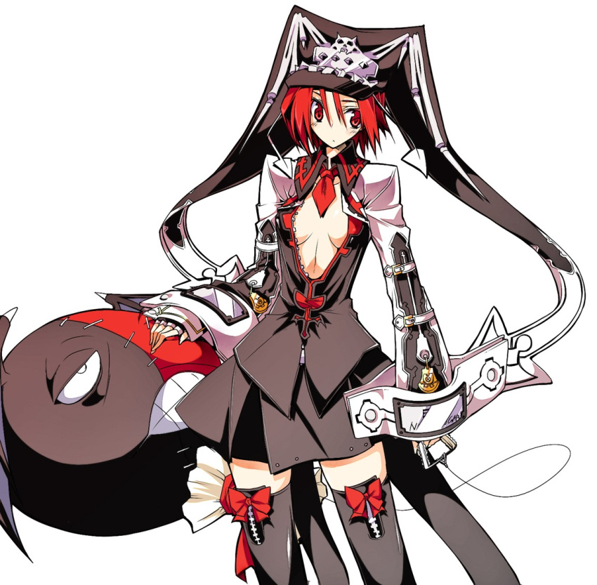 black_legwear black_thighhighs bow breasts cleavage doll guilty_gear hat jester_cap jester_hat no_bra open_clothes open_shirt red_eyes red_hair redhead shirt short_hair solo thigh-highs thighhighs unzipped valentine_(guilty_gear) zettai_ryouiki