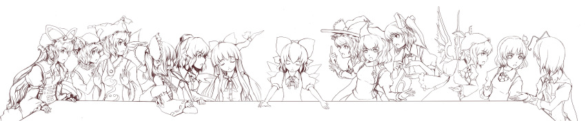 animal_ears annotated antennae bow braid brown cape cat_ears cat_tail chen chinese_clothes cirno daiyousei detached_sleeves dress fine_art_parody fox_tail hair_bow hair_ornament hair_ribbon hakurei_reimu hand_on_shoulder hat highres horns ibuki_suika japanese_clothes kirisame_marisa letty_whiterock long_hair long_image monochrome multiple_girls multiple_tails mystia_lorelei open_mouth parody pointing ribbon rumia shameimaru_aya shishigami_(pixiv) shishigami_(sunagimo) short_hair surprised table tail the_last_supper tokin_hat touhou wide_image wings witch_hat wriggle_nightbug yakumo_ran yakumo_yukari