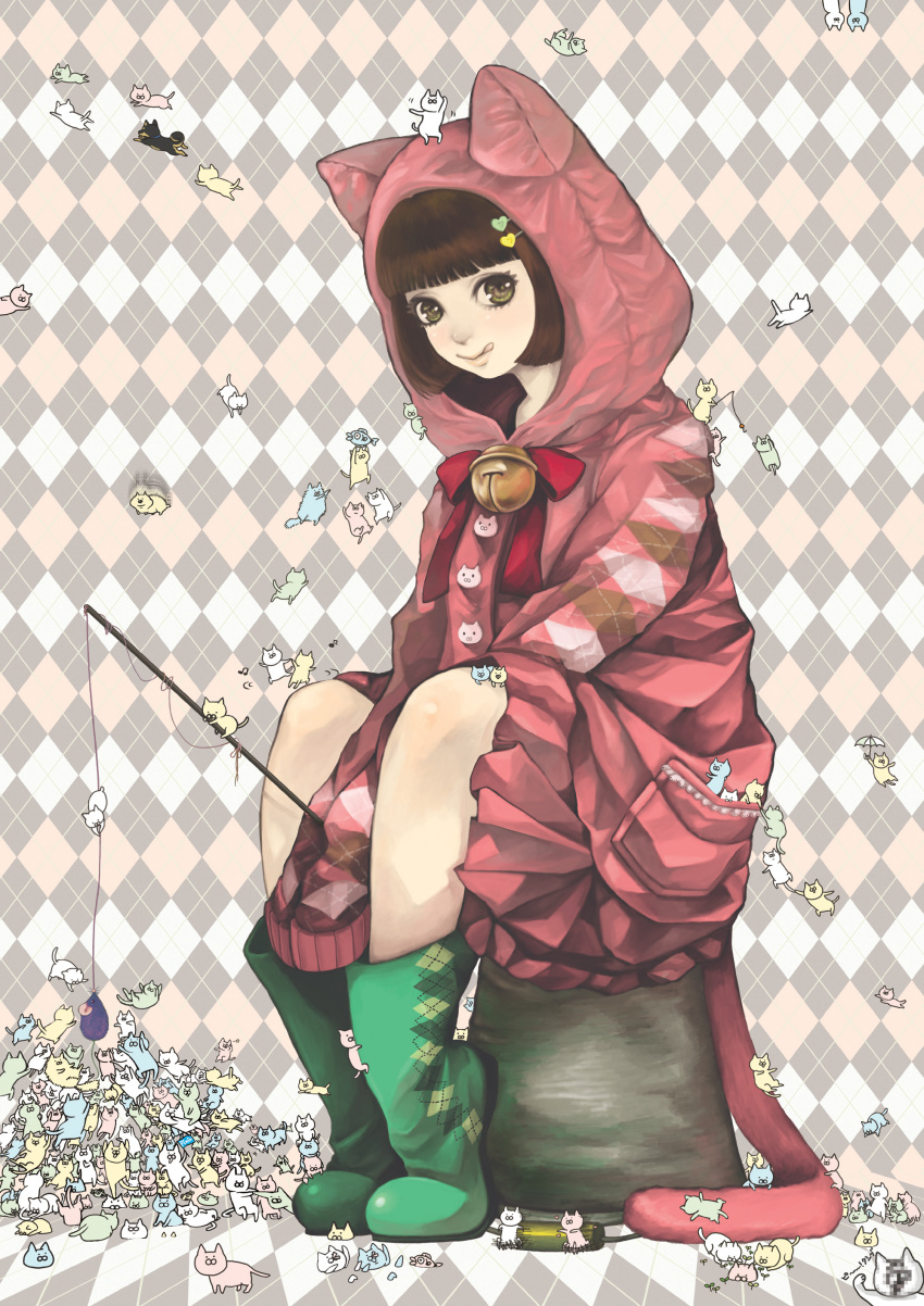 :q animal argyle bell boots brown_eyes brown_hair cat cat_hood cat_teaser cat_toy costume dog fishing_rod green_eyes hair_ornament hairclip hairpin highres hood jacket noja oversized_clothes ribbon rubber_boots short_hair sitting skirt smile tail tongue too_many_cats