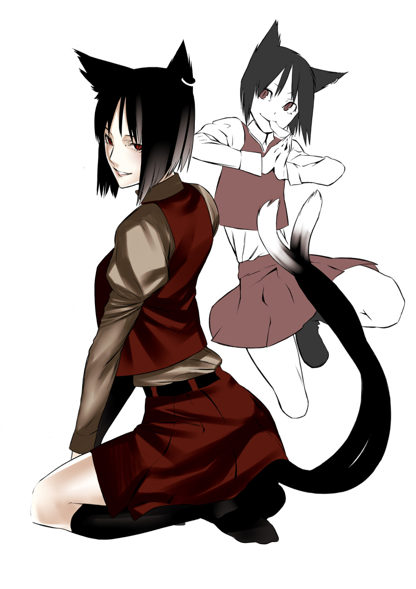 animal_ears black_hair cat_ears cat_tail chen earrings hands_together highres jewelry jumping kneeling mouth_hold multiple_tails onigunsou red_eyes socks tail touhou