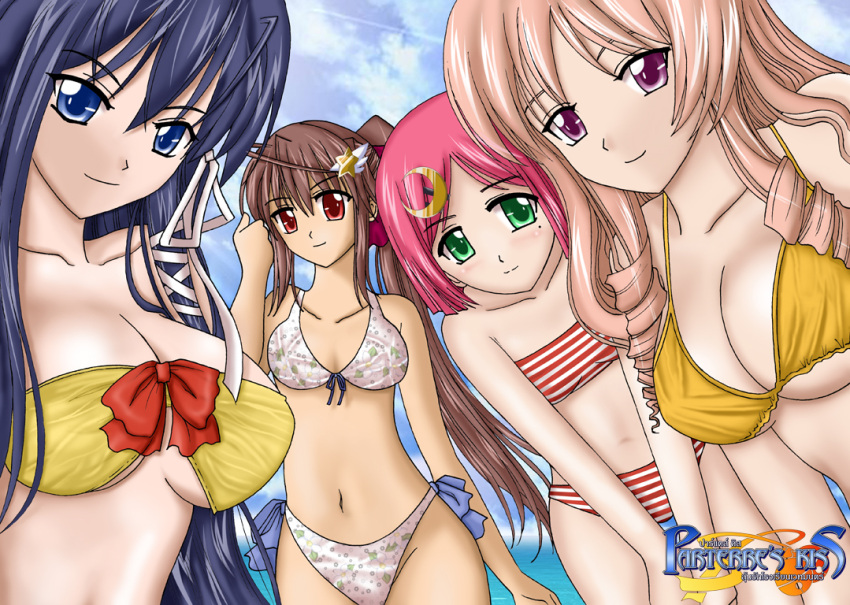 4girls artemisumi bikini blue_eyes blue_hair brown_hair green_eyes hair_ornament large_breasts looking_at_viewer parterre's_kiss pink_hair red_eyes small_breasts smile swimsuit under_boob violet_eyes