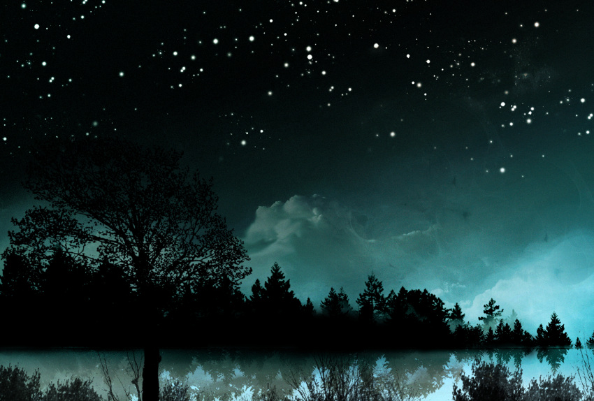 clouds forest highres nature night night_sky original rita_(artist) river scenery sky tree