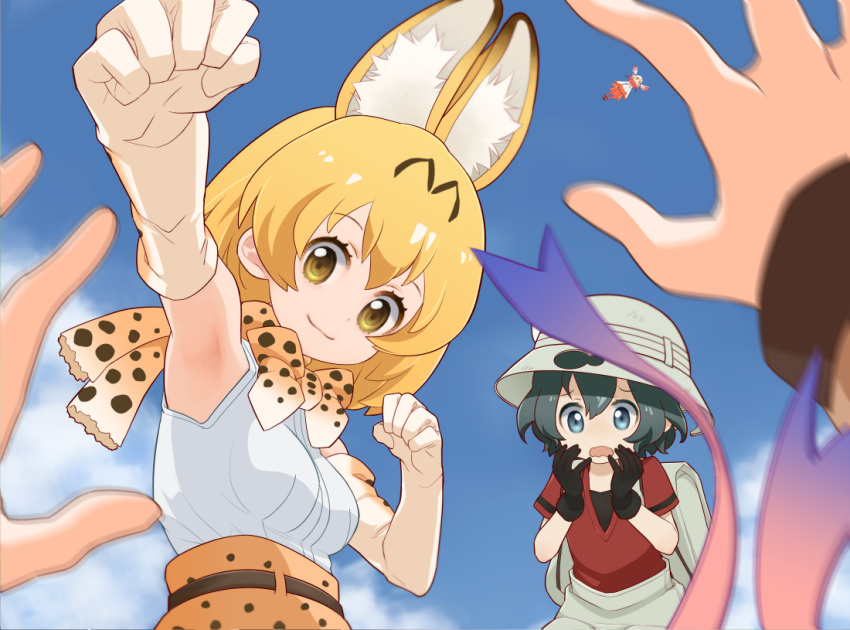 4girls :3 animal_ears armpits arms_up backpack bag bangs bird_tail black_footwear black_gloves black_hair black_shoes blue_eyes blue_sky blunt_bangs bow bowtie breasts buttons cat_ears cat_tail clenched_hands clouds cloudy_sky collar crested_ibis_(kemono_friends) d: drawstring eyebrows_visible_through_hair eyelashes falling flying frilled_sleeves frills from_side full_body fur_collar gloves gradient_hair gradient_ribbon hair_between_eyes hands_on_own_face hat hat_feather head_wings kaban kemono_friends long_sleeves looking_at_another mary_janes medium_breasts mopiwo motion_blur multicolored_hair multiple_girls neck_ribbon no_nose open_mouth orange_hair outdoors outstretched_arm pantyhose pleated_skirt pov red_legwear red_shirt red_skirt redhead ribbon safari_hat serval_(kemono_friends) serval_ears serval_print shirt shoes short_hair short_hair_with_long_locks short_sleeves shorts sidelocks skirt sky sleeveless sleeveless_shirt smile tail tareme tsuchinoko_(kemono_friends) two-tone_hair wavy_mouth white_shirt wind wings yellow_eyes