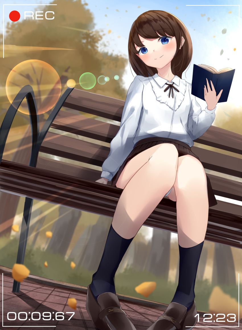 1girl absurdres akinakesu-chan autumn_leaves bangs black_legwear black_skirt blue_eyes book brown_footwear brown_hair brown_ribbon closed_mouth collared_shirt commentary_request commission day dress_shirt eyebrows_visible_through_hair hand_up head_tilt highres holding holding_book loafers looking_at_viewer neck_ribbon on_bench open_book original outdoors panties petals pleated_skirt recording ribbon shirt shoes sitting skirt smile socks solo underwear viewfinder white_panties white_shirt