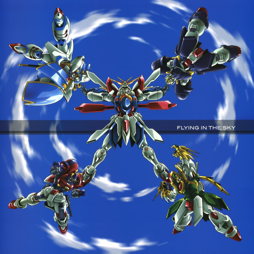 90s bolt_gundam clouds crossed_arms dragon_gundam g_gundam god_gundam gundam highres maxter_gundam mecha mobile_suit no_humans open_arms punching rose_gundam sky text