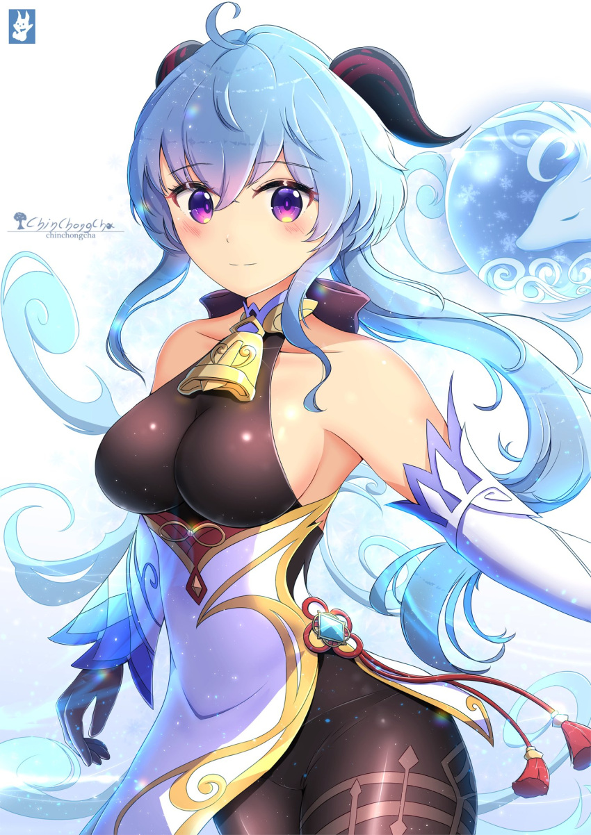 ahoge armpits artist_name bangs bare_shoulders bell black_gloves black_legwear blue_hair blush bodystocking bodysuit bow bowtie breasts chinchongcha chinese_knot curled_horns detached_sleeves eyebrows_visible_through_hair flower_knot ganyu_(genshin_impact) genshin_impact gloves gold_trim highres horns large_breasts long_hair looking_at_viewer low_ponytail neck_bell orb sideboob sidelocks smile solo standing tassel thighlet violet_eyes vision_(genshin_impact) waist_cape white_background white_sleeves
