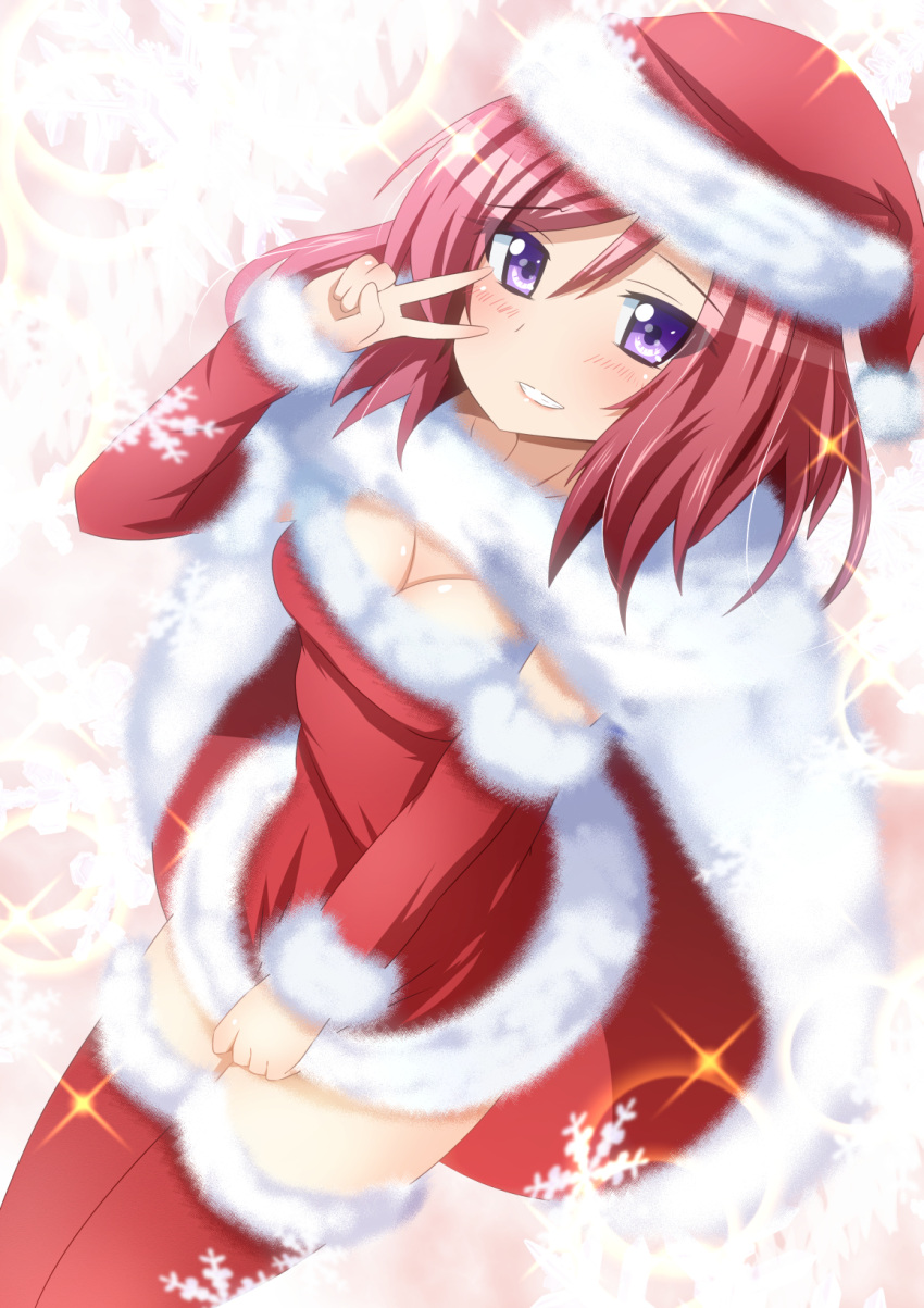 1girl artist_request blush breasts christmas christmas_hat christmas_outfit cleavage costume dress female hat highres love_live!_school_idol_project maou_kyuu nishikino_maki red_legwear red_thighhighs redhead short_hair smile solo thigh-highs v violet_eyes zettai_ryouiki