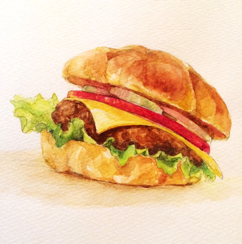 burger cheese food lettuce meat no_humans onions sibu_(orange_peel) simple_background vegetable