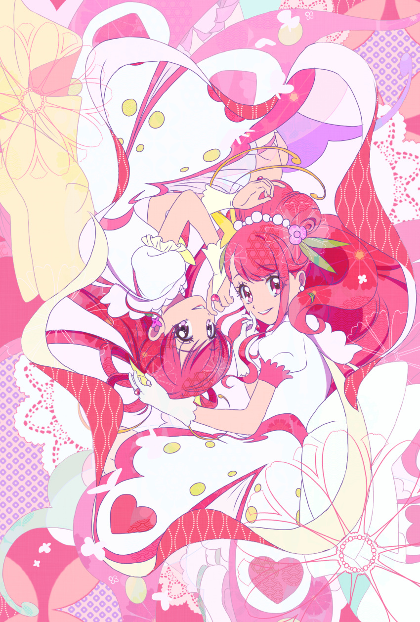 2girls abstract_background back_bow bow cure_dream cure_grace dream_cure_grace dress earrings gloves hair_bun hair_rings hanadera_nodoka healin'_good_precure healin'_good_precure:_yume_no_machi_de_kyun!_tto_gogo!_daihenshin!! highres huge_bow jewelry lipstick long_hair looking_at_viewer magical_girl makeup multiple_girls pink_eyes pink_hair precure puffy_sleeves smile strawberrylove2525 symmetry upside-down violet_eyes white_bow white_dress white_gloves wrist_cuffs yellow_bow yes!_precure_5 yes!_precure_5_gogo! yumehara_nozomi