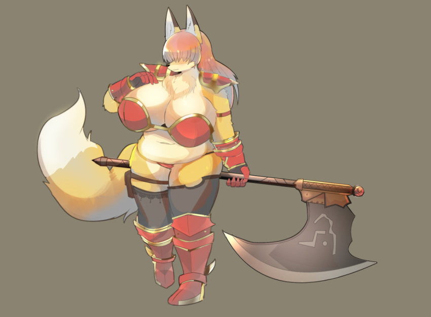 armor artist_request belly boots breasts fox furry hair_over_eyes huge_breasts plump redhead short_hair sword thick_thighs