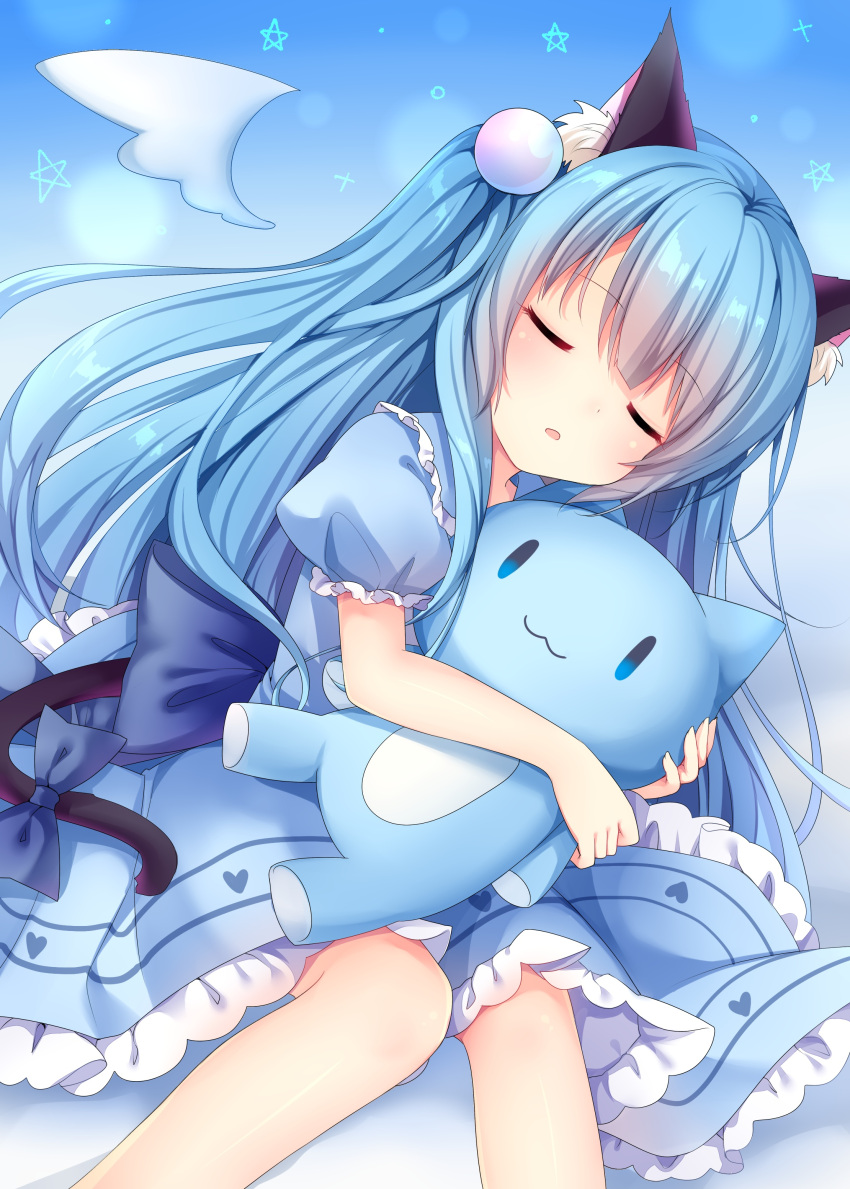 1girl amashiro_natsuki animal_ears blue_hair bow cat_ears child dress nekomimi sleeping tail