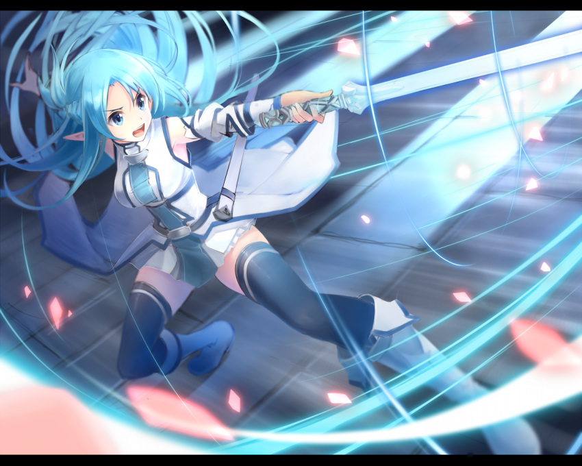 1girl asuna_(sao) asuna_(sao-alo) blue_eyes blue_hair boots detached_sleeves highres long_hair pointy_ears simple_background solo sword sword_art_online thigh-highs weapon
