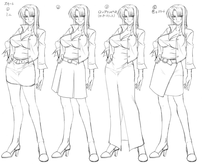 1girl breasts character_request character_sheet concept_art dress female full_body kagami_hirotaka large_breasts lilith-soft long_hair monochrome skirt solo taimanin_asagi white_background