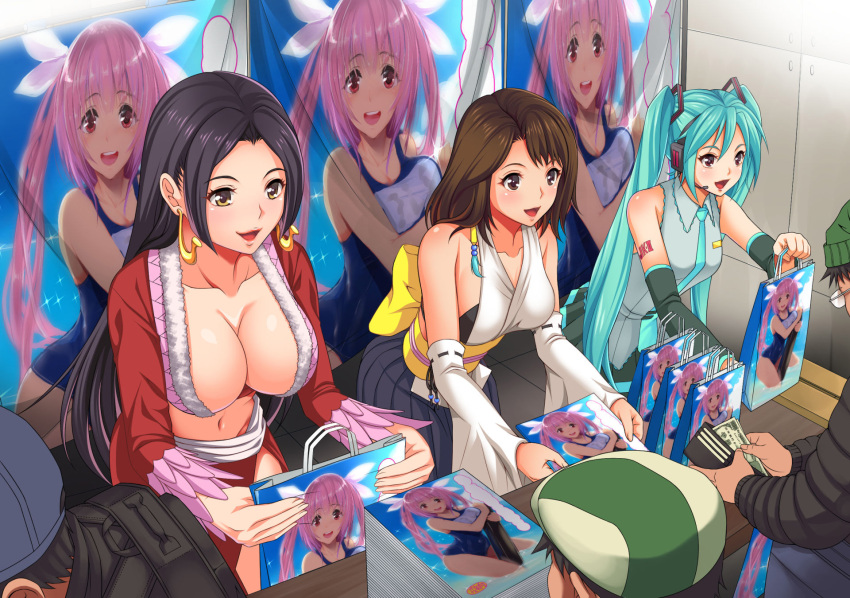 3girls bare_shoulders black_eyes black_hair boa_hancock boa_hancock_(cosplay) breasts brown_hair cleavage convention cosplay earrings final_fantasy final_fantasy_x glasses green_hair happy hat hatsune_miku hatsune_miku_(cosplay) highres holding i-19_(kantai_collection) indoors jall_boint kantai_collection large_breasts long_hair long_sleeves looking_at_another midriff money multiple_girls navel one_piece original otaku parted_lips pink_hair poster public red_eyes short_hair smile standing swimsuit table tattoo twintails vocaloid wide_sleeves yellow_eyes yuna_(cosplay) yuna_(ff10)