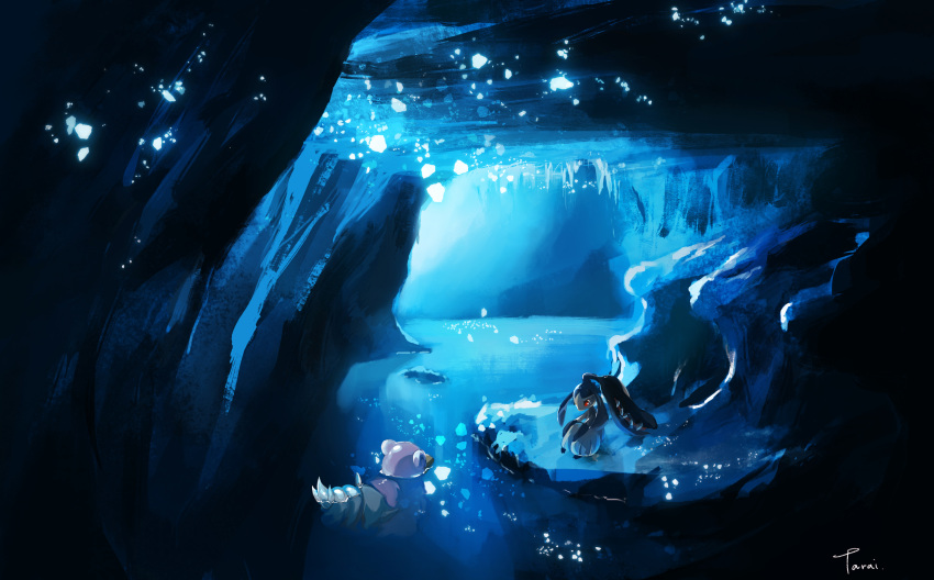 cave mawile nintendo no_humans partially_submerged pokemon pokemon_(game) red_eyes slowbro water