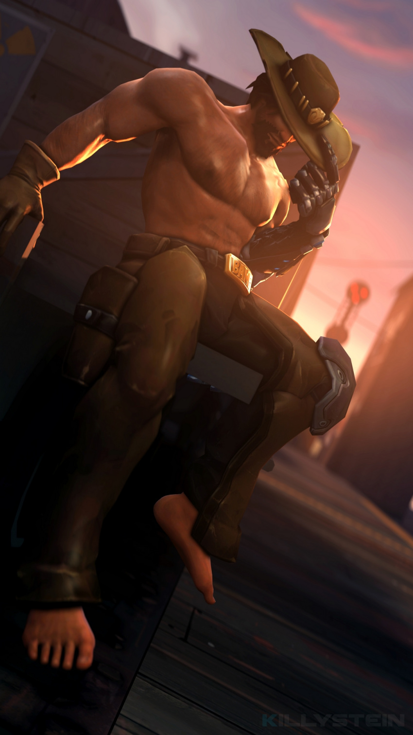 1boy abs barefoot beard body_hair brown_hair cowboy facial_hair full_body gloves hat killystein male_focus mccree_(overwatch) muscle outdoors overwatch pecs sitting sky solo topless