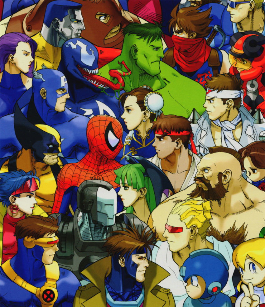 4girls 6+boys beard bengus blonde_hair blue_hair bodysuit brown_hair bun_cover captain_america captain_commando_(character) chest_hair chun-li colossus_(x-men) cyberbots cyclops_(x-men) double_bun earrings facial_hair gambit green_hair green_skin head_wings headband helmet high_collar highres hulk jewelry jubilee juggernaut_(x-men) long_tongue looking_at_another marvel marvel_vs._capcom mohawk morrigan_aensland multiple_boys multiple_girls mustache official_art open_mouth power_armor psylocke purple_hair rockman rockman_(character) roll ryuu_(street_fighter) saotome_jin scarf sharp_teeth shoulder_spikes spider-man spider-man_(series) spikes street_fighter strider_(video_game) strider_hiryuu stubble superhero teeth tongue vampire_(game) venom_(marvel) visor war_machine wolverine x-men zangief