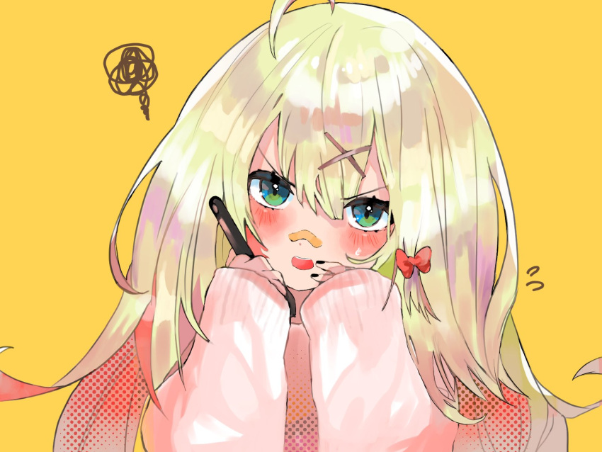 1girl ahoge bandaid bandaid_on_face bandaid_on_nose black_nails blonde_hair blush bow fingernails flying_sweatdrops green_eyes hair_between_eyes hair_ornament highres hojhcwqlwrfrvnk holding holding_stylus long_hair open_mouth original patterned red_bow scribble simple_background sleeves_past_wrists solo stylus sweat sweatdrop teeth upper_body upper_teeth x_hair_ornament yellow_background