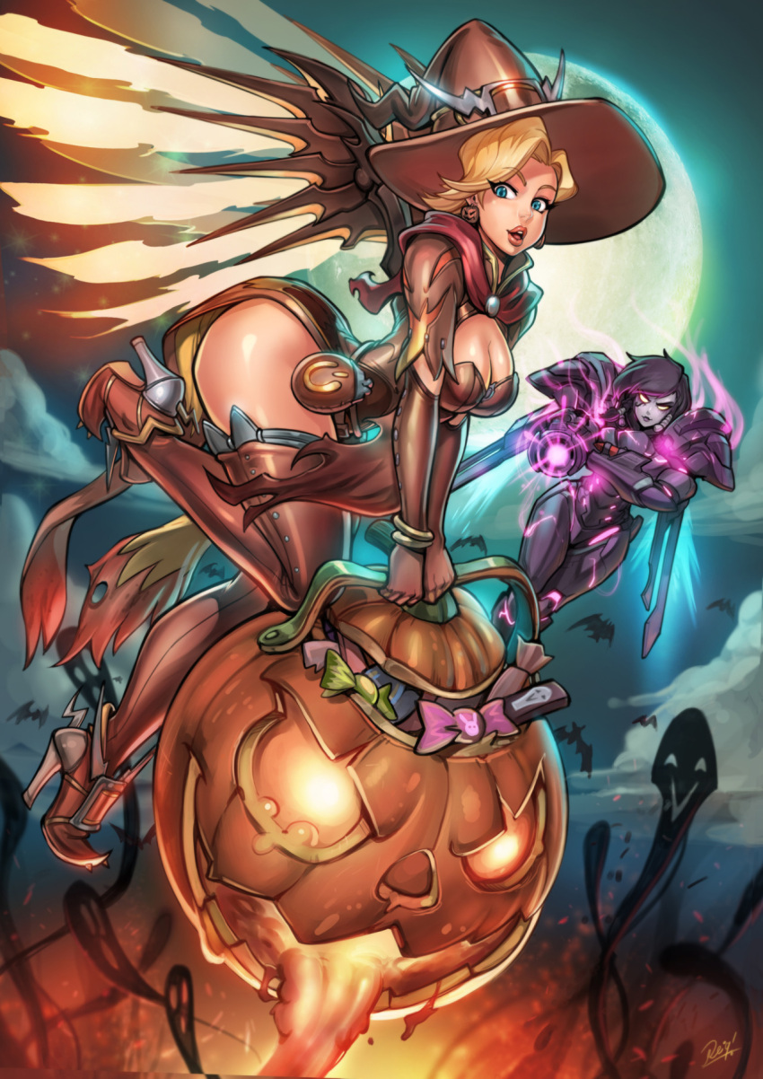2girls aiming_at_viewer alternate_costume arm_cannon armor aura blonde_hair candy glowing_eyes halloween high_heels jack-o'-lantern lips mercy_(overwatch) moon multiple_girls night overwatch pharah_(overwatch) possessed_pharah reiq smile witch_mercy