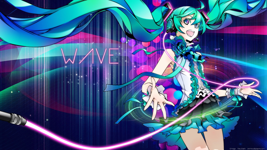 1girl aqua_hair blue_eyes female flower glowing hatsune_miku headphones highres long_hair makeup miwa_shirou open_mouth outstretched_hand rose smile solo twintails violet_eyes vocaloid waving
