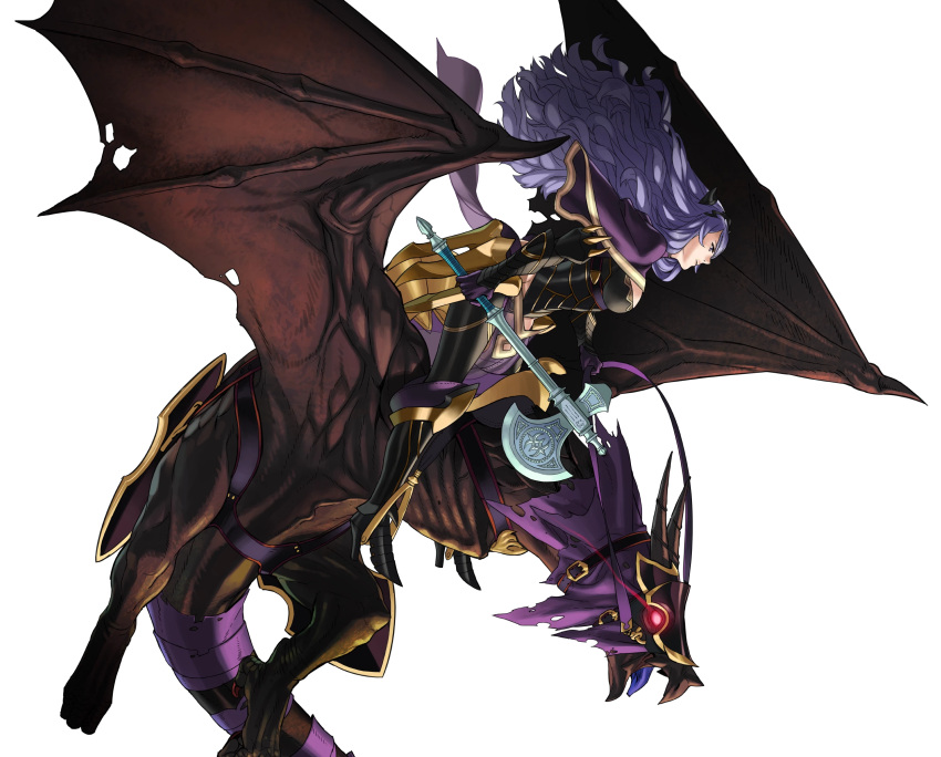 1girl armor axe battle_axe black_armor black_boots boots breasts camilla_(fire_emblem_if) capelet dragon fire_emblem fire_emblem_heroes fire_emblem_if glowing glowing_eyes high_heel_boots high_heels highres holding holding_weapon large_breasts leather long_hair marzia_(fire_emblem_if) official_art purple_hair riding thigh-highs thigh_boots thighs tiara transparent_background very_long_hair wavy_hair weapon wyvern