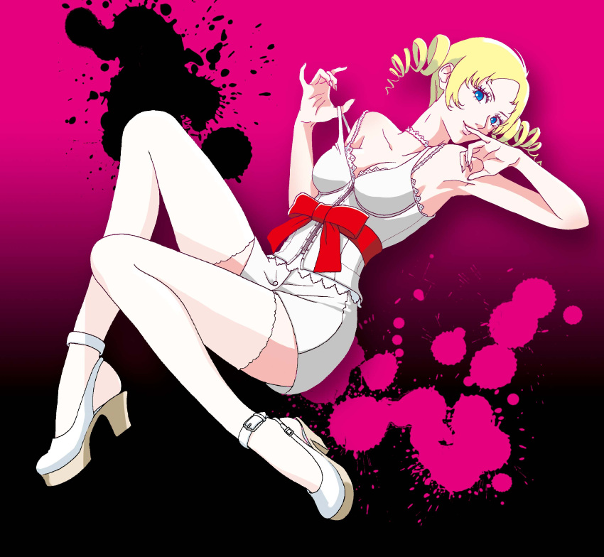 1girl blonde_hair blue_eyes breasts catherine catherine_(game) choker cleavage demon_girl drill_hair female full_body gradient gradient_background high_heels lace lace-trimmed_thighhighs lipstick looking_at_viewer makeup ribbon solo thigh-highs twin_drills twintails white_legwear