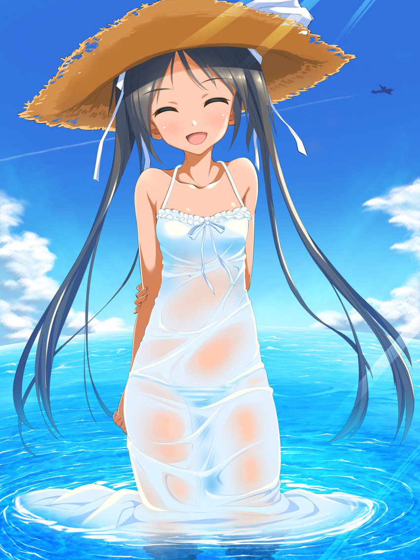 1girl a9b_(louis814) aircraft airplane arms_behind_back black_hair blue closed_eyes clouds condensation_trail day dress fang francesca_lucchini hat highres long_hair open_mouth panties petite plane ribbon see-through shimapan sky smile solo strike_witches striped striped_panties sun_hat sundress transparent transparent_clothes twintails underwear wading water wet wet_clothes wet_dress white_dress world_witches_series