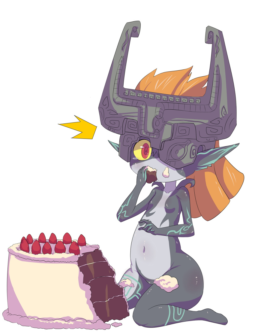 1girl cake eating flat_chest food frosting helmet imp long_hair looking_at_viewer midna navel nintendo nipples orange_hair pattan shiny shiny_skin simple_background solo strawberry tears the_legend_of_zelda the_legend_of_zelda:_twilight_princess white_background