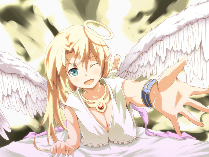 1girl angel blonde_hair blue_eyes bracelets breasts cleavage feathered_wings female goddess ilias large_breasts long_hair mon-musu_quest! pointy_ears solo wink
