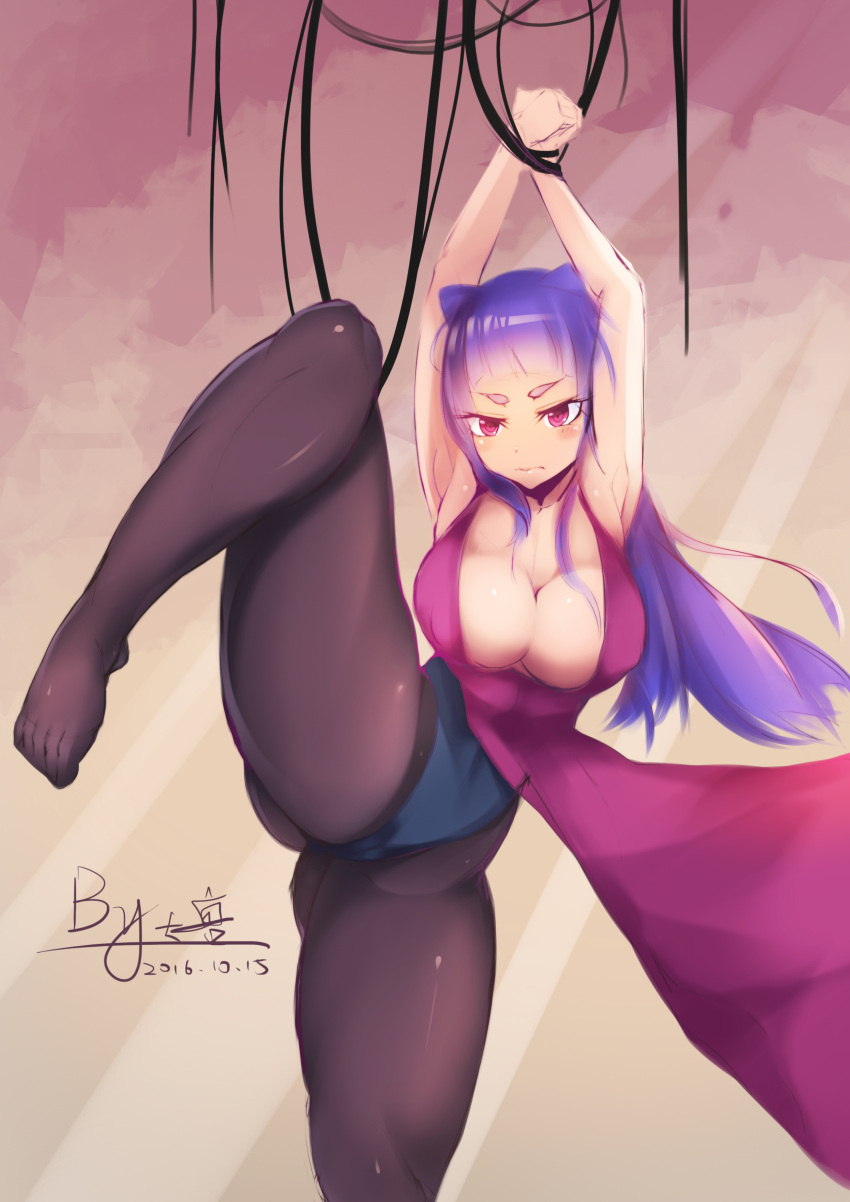 1girl absurdres animal_ears armpits arms_up black_legwear breasts cat_ears cleavage da_shou feet female large_breasts leg_lift legs leotard long_hair looking_at_viewer pantyhose purple_hair solo standing thick_thighs thighs tied violet_eyes