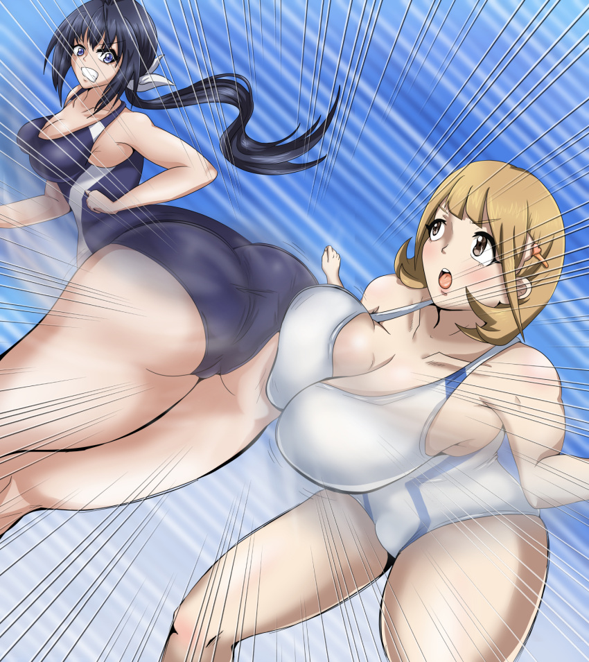 2girls ;o antenna_hair ass bal-anime black_hair blonde_hair blue_eyes blue_hair blush bouncing_breasts breasts brown_eyes brown_hair competition_swimsuit crossover dutch_angle eyebrows eyebrows_visible_through_hair eyes_visible_through_hair highres hip_attack huge_breasts kaminashi_nozomi keijo!!!!!!!! large_breasts leaning_forward long_hair multiple_girls narusawa_ryouka occultic;nine one-piece_swimsuit one_eye_closed open_mouth outdoors ponytail season_connection speed_lines swimsuit water