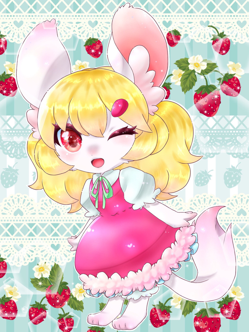 1girl aije blonde_hair dress female flower full_body furry long_hair mouse one_eye_closed open_mouth plant red_eyes solo